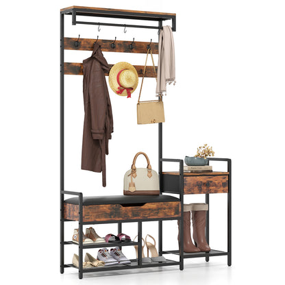 70 Inch Hall Tree with Shoe Storage Bench Freestanding Coat Rack-Rustic Brown