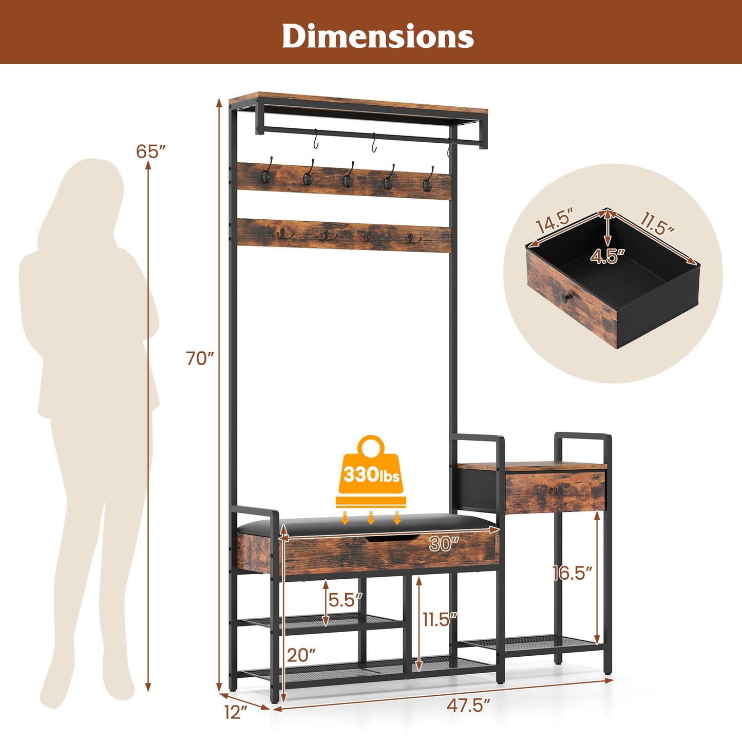 70 Inch Hall Tree with Shoe Storage Bench Freestanding Coat Rack-Rustic Brown Kids Crystal