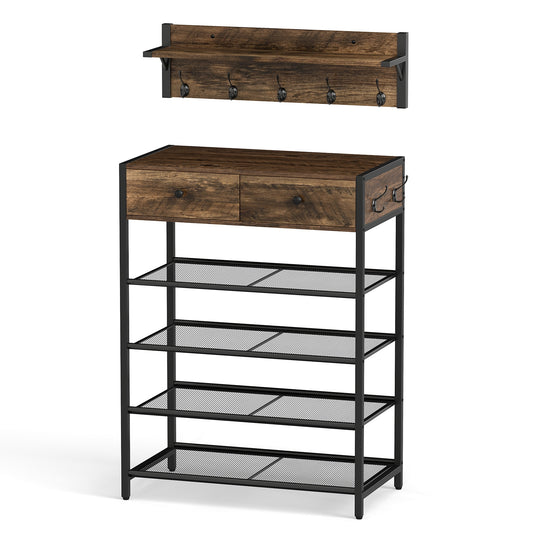 Coat Rack Shoe Stand Set 5-Tier Shoe Rack with Wall-Mounted Coat Hanger-Brown Kids Crystal