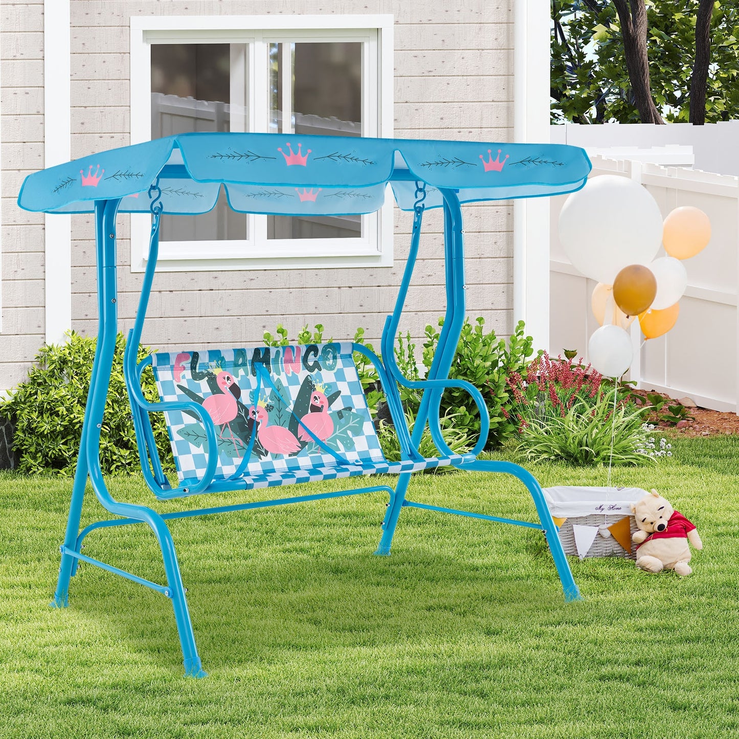 2-Seater Kids Patio Swing with Metal Stand and Adjustable Canopy-Navy Kids Crystal
