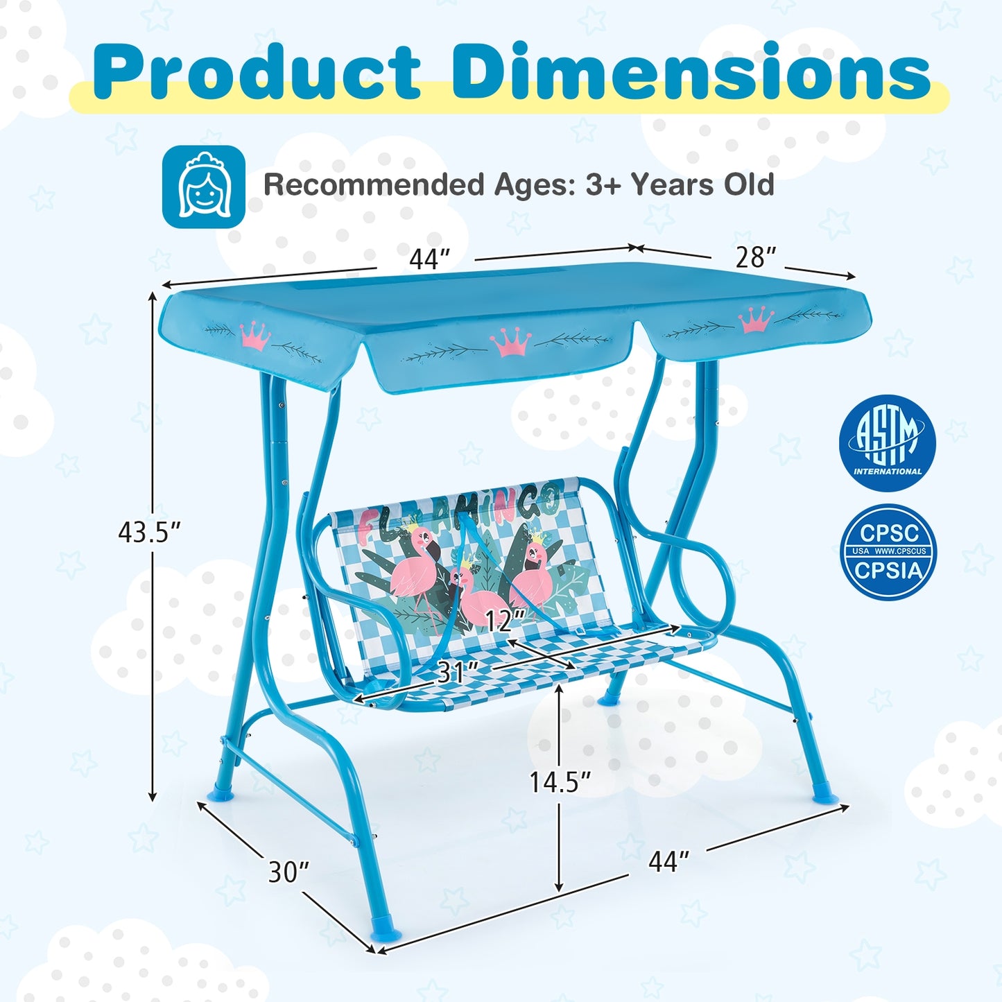 2-Seater Kids Patio Swing with Metal Stand and Adjustable Canopy-Navy Kids Crystal