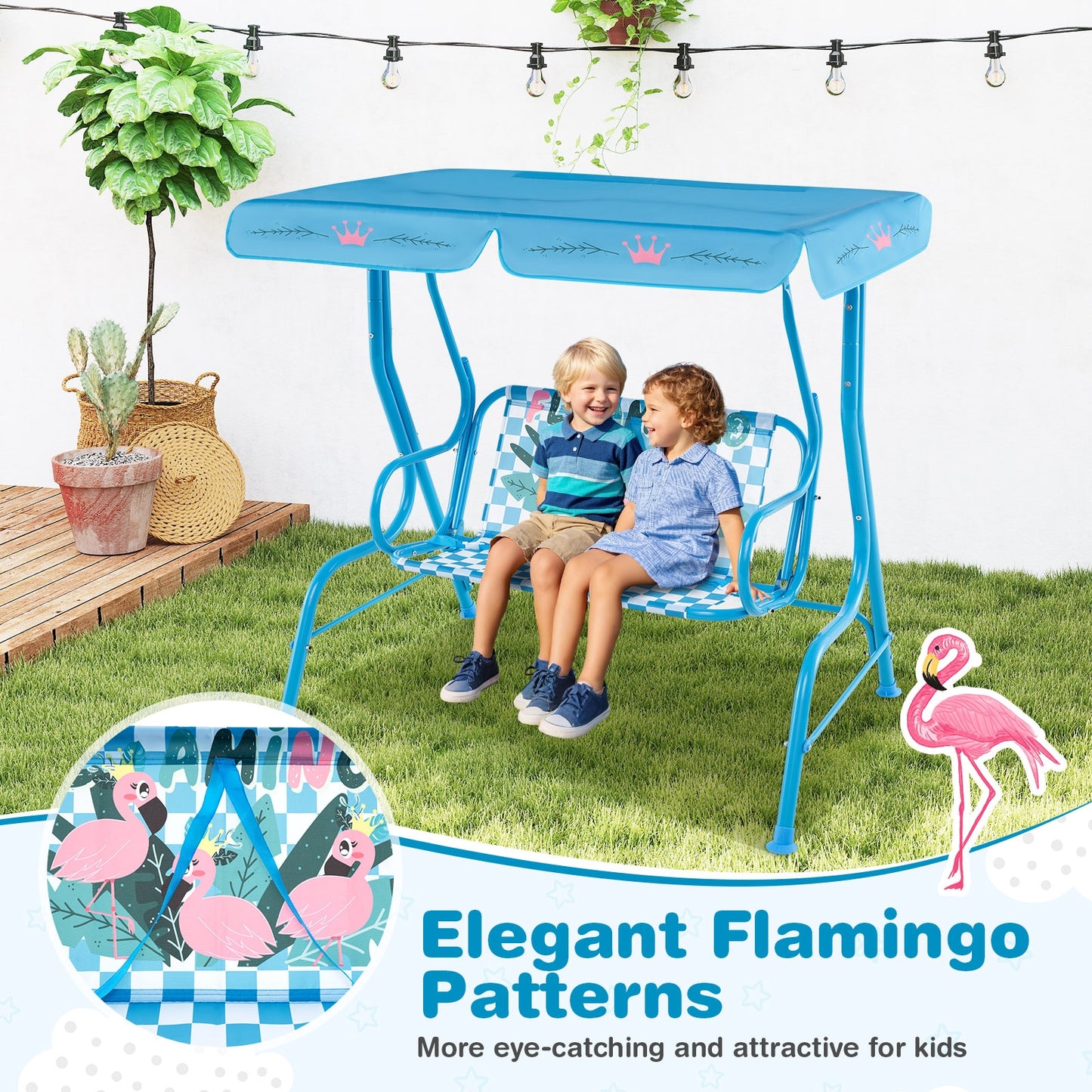 2-Seater Kids Patio Swing with Metal Stand and Adjustable Canopy-Navy Kids Crystal