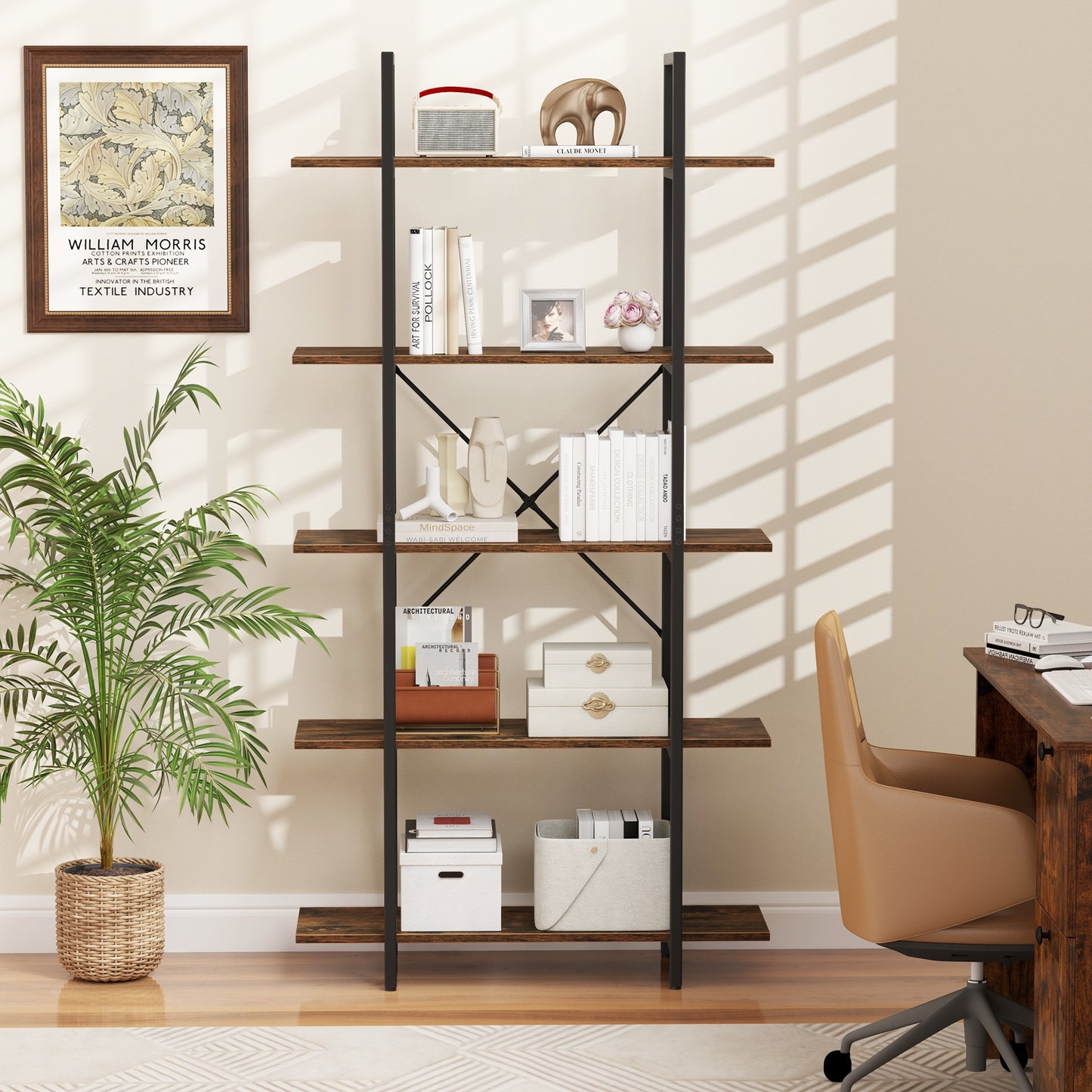 5-Tier 62 Inch Tall Vintage Industrial Bookcase with Open Storage Shelves-Rustic Brown Kids Crystal