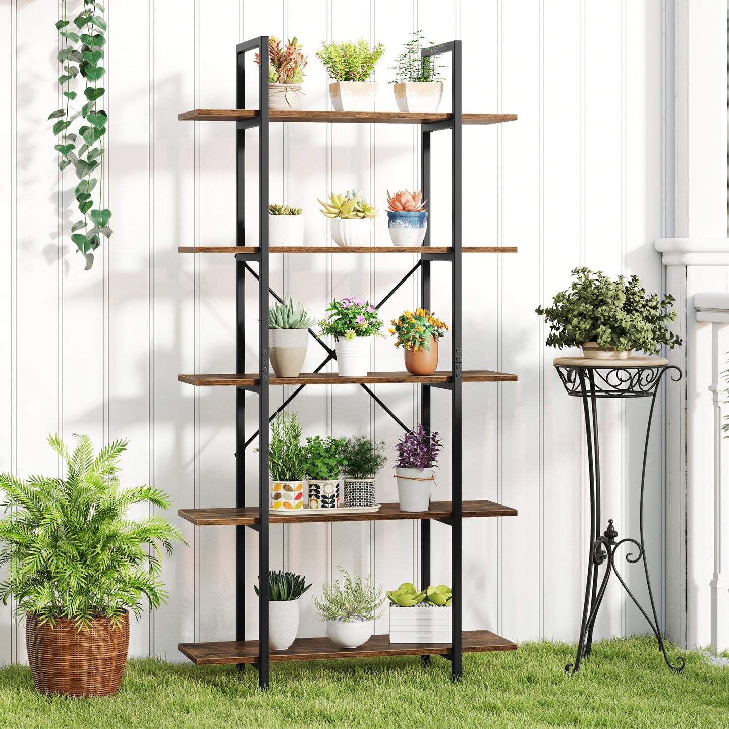 5-Tier 62 Inch Tall Vintage Industrial Bookcase with Open Storage Shelves-Rustic Brown Kids Crystal