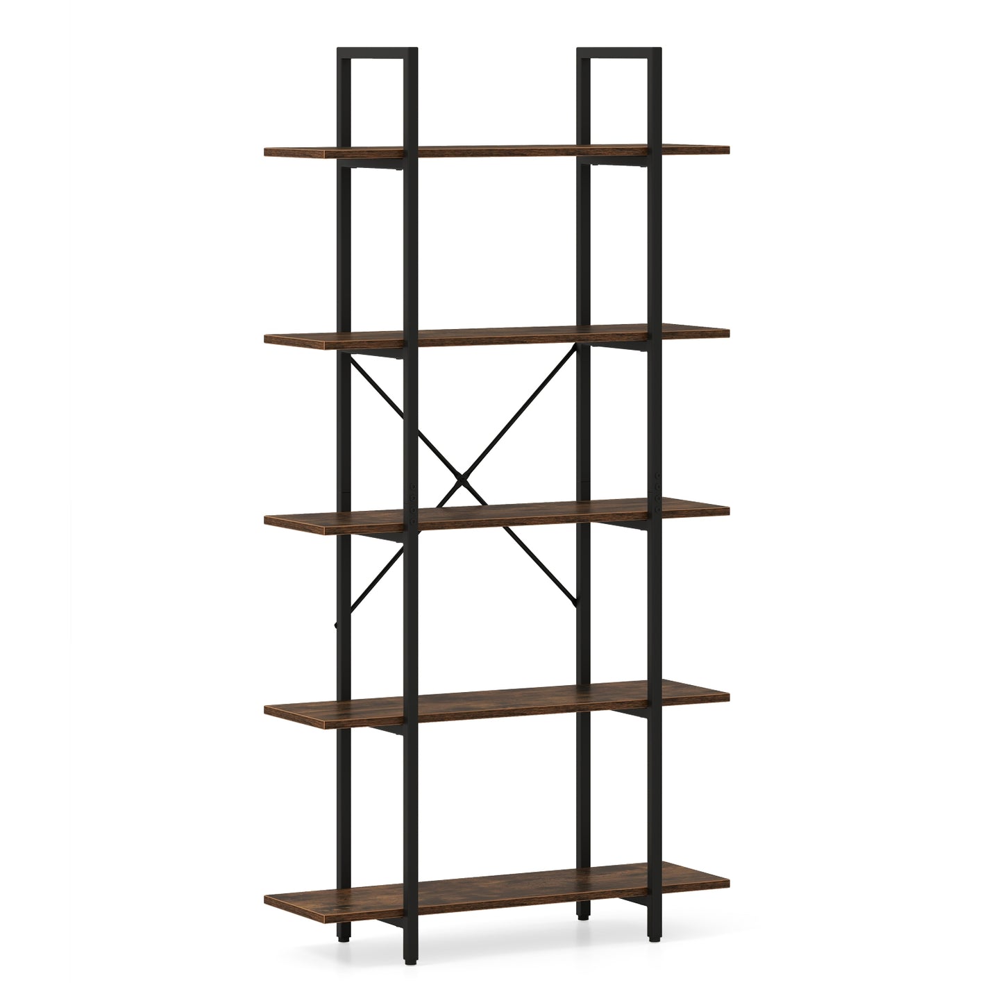 5-Tier 62 Inch Tall Vintage Industrial Bookcase with Open Storage Shelves-Rustic Brown Kids Crystal