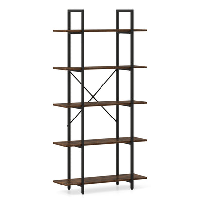 5-Tier 62 Inch Tall Vintage Industrial Bookcase with Open Storage Shelves-Rustic Brown