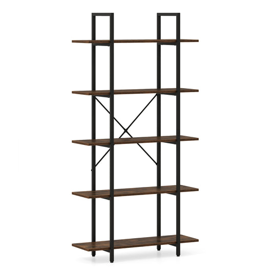 5-Tier 62 Inch Tall Vintage Industrial Bookcase with Open Storage Shelves-Rustic Brown