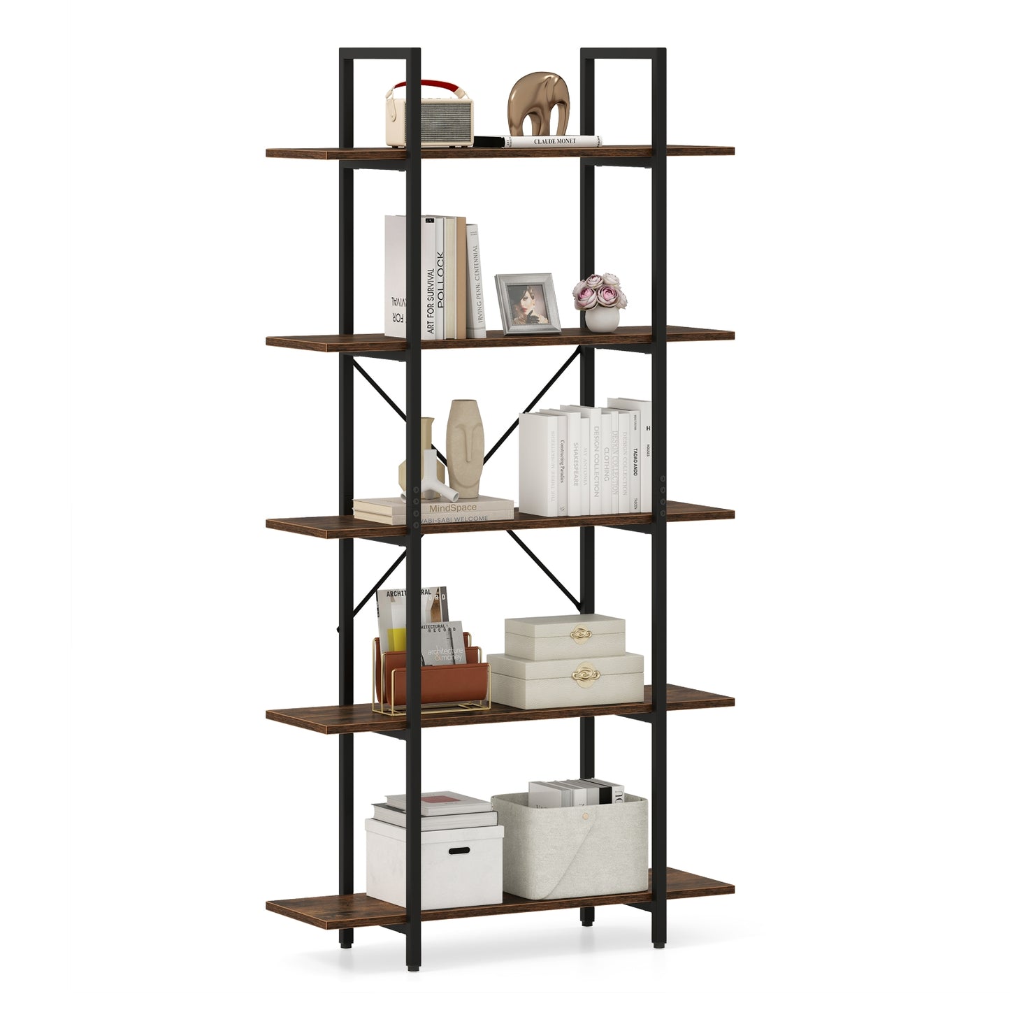5-Tier 62 Inch Tall Vintage Industrial Bookcase with Open Storage Shelves-Rustic Brown Kids Crystal