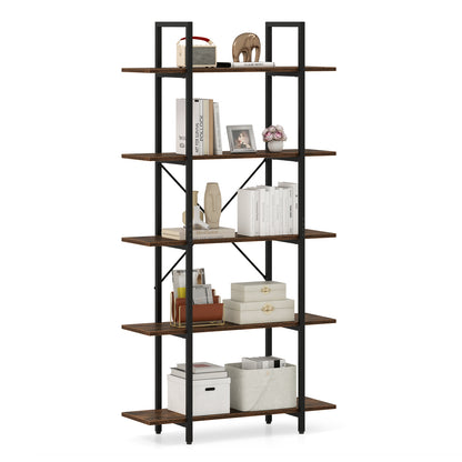 5-Tier 62 Inch Tall Vintage Industrial Bookcase with Open Storage Shelves-Rustic Brown
