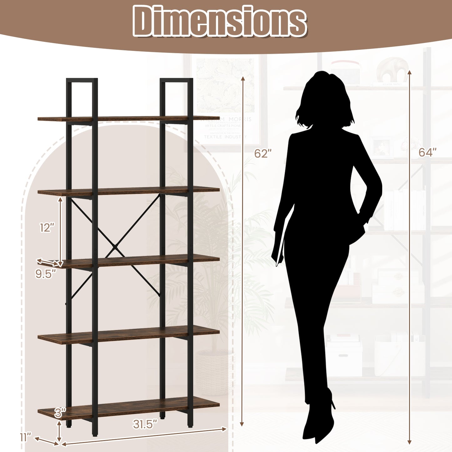 5-Tier 62 Inch Tall Vintage Industrial Bookcase with Open Storage Shelves-Rustic Brown Kids Crystal