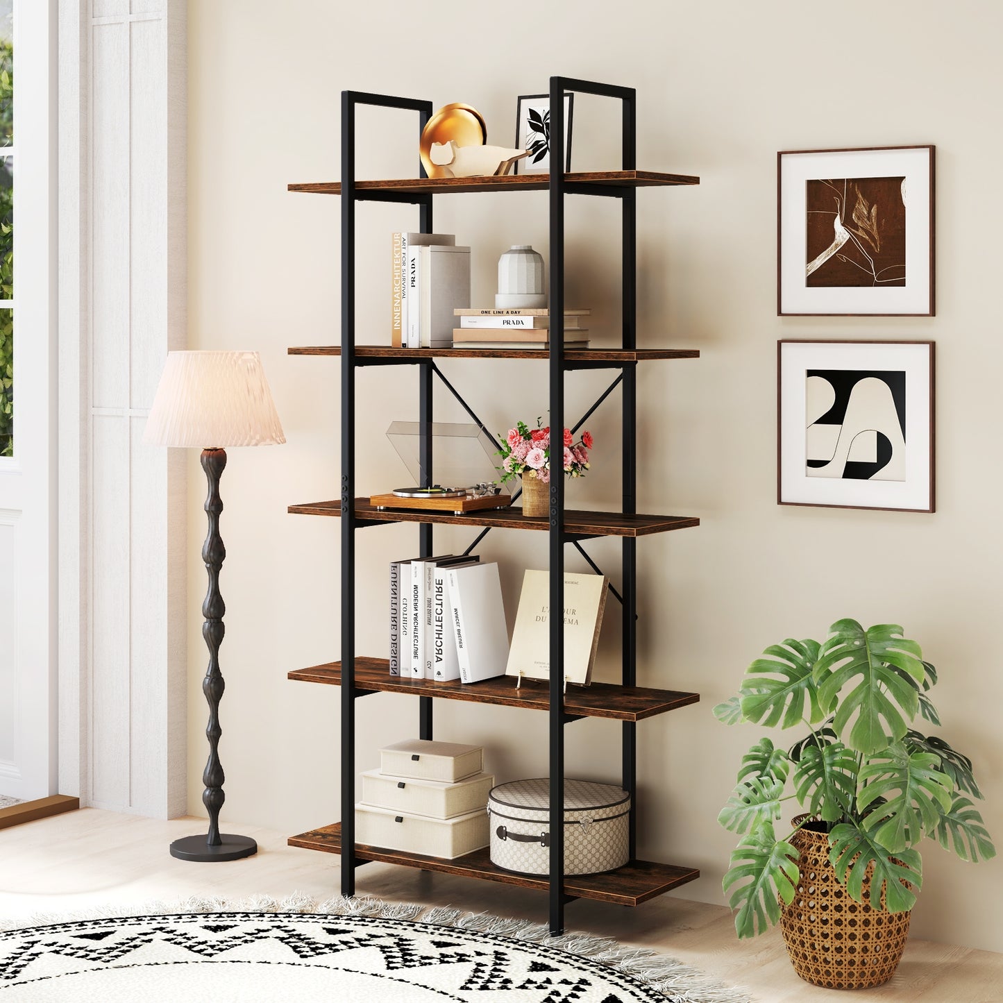 5-Tier 62 Inch Tall Vintage Industrial Bookcase with Open Storage Shelves-Rustic Brown Kids Crystal
