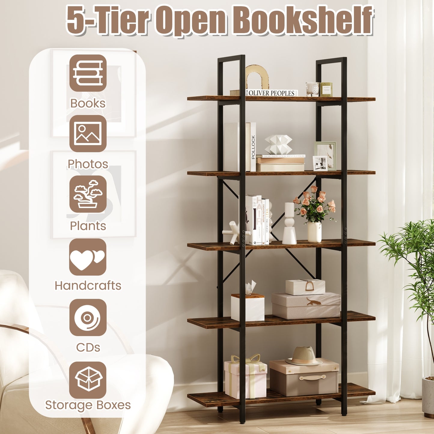 5-Tier 62 Inch Tall Vintage Industrial Bookcase with Open Storage Shelves-Rustic Brown Kids Crystal