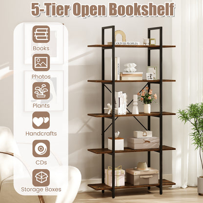 5-Tier 62 Inch Tall Vintage Industrial Bookcase with Open Storage Shelves-Rustic Brown