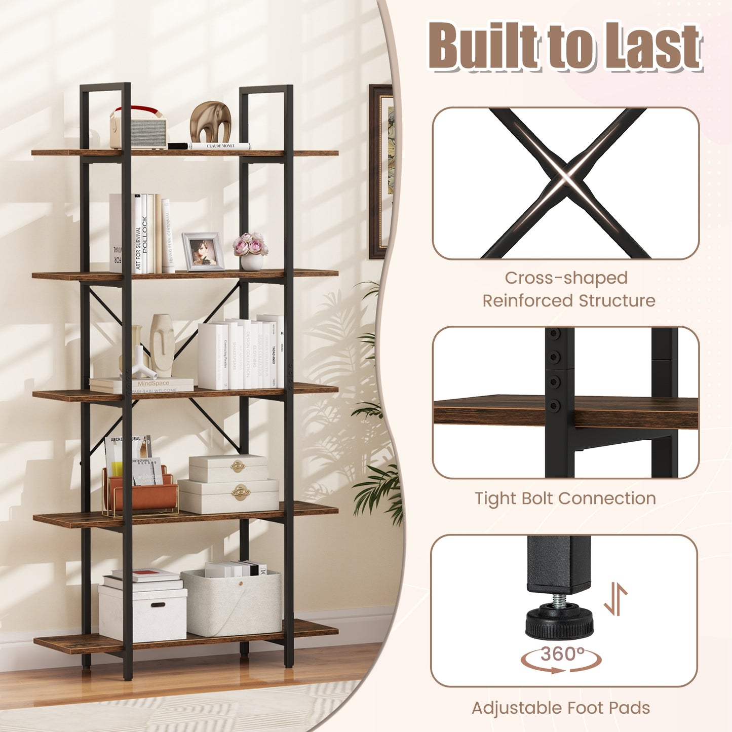 5-Tier 62 Inch Tall Vintage Industrial Bookcase with Open Storage Shelves-Rustic Brown Kids Crystal