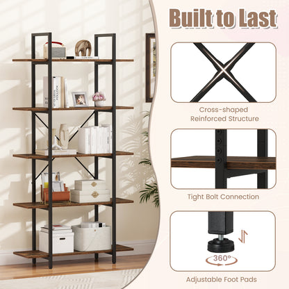 5-Tier 62 Inch Tall Vintage Industrial Bookcase with Open Storage Shelves-Rustic Brown