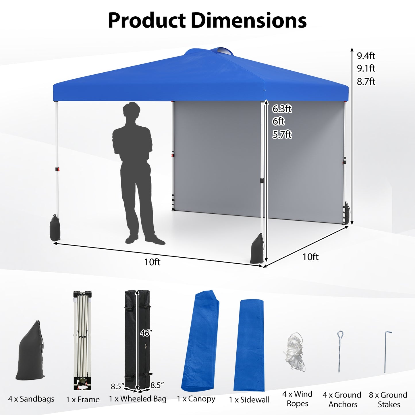 10 X 10 FT Pop up Canopy Tent with 1 Sidewall and Wheeled Bag-Blue Kids Crystal