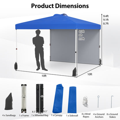 10 X 10 FT Pop up Canopy Tent with 1 Sidewall and Wheeled Bag-Blue