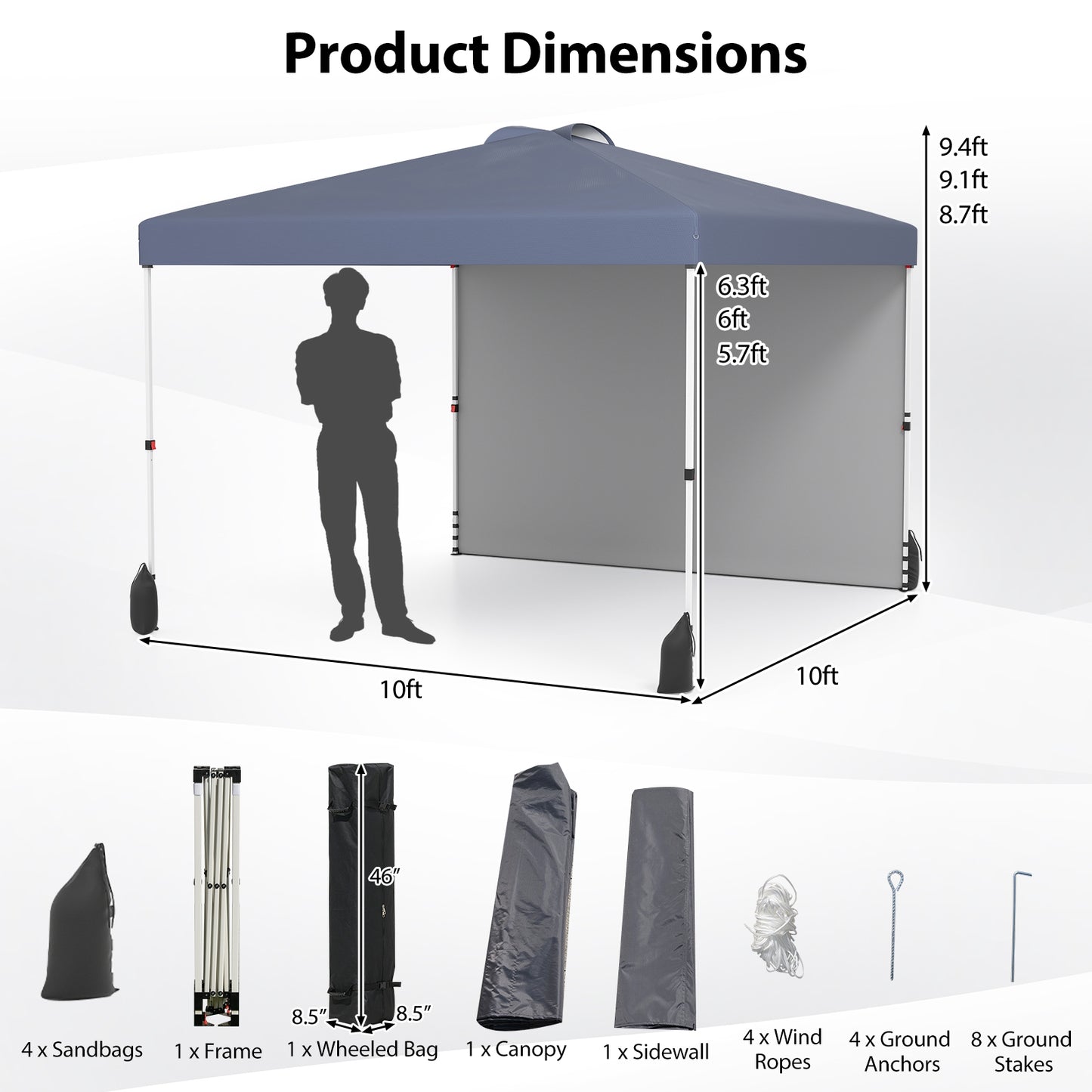 10 X 10 FT Pop up Canopy Tent with 1 Sidewall and Wheeled Bag-Gray Kids Crystal