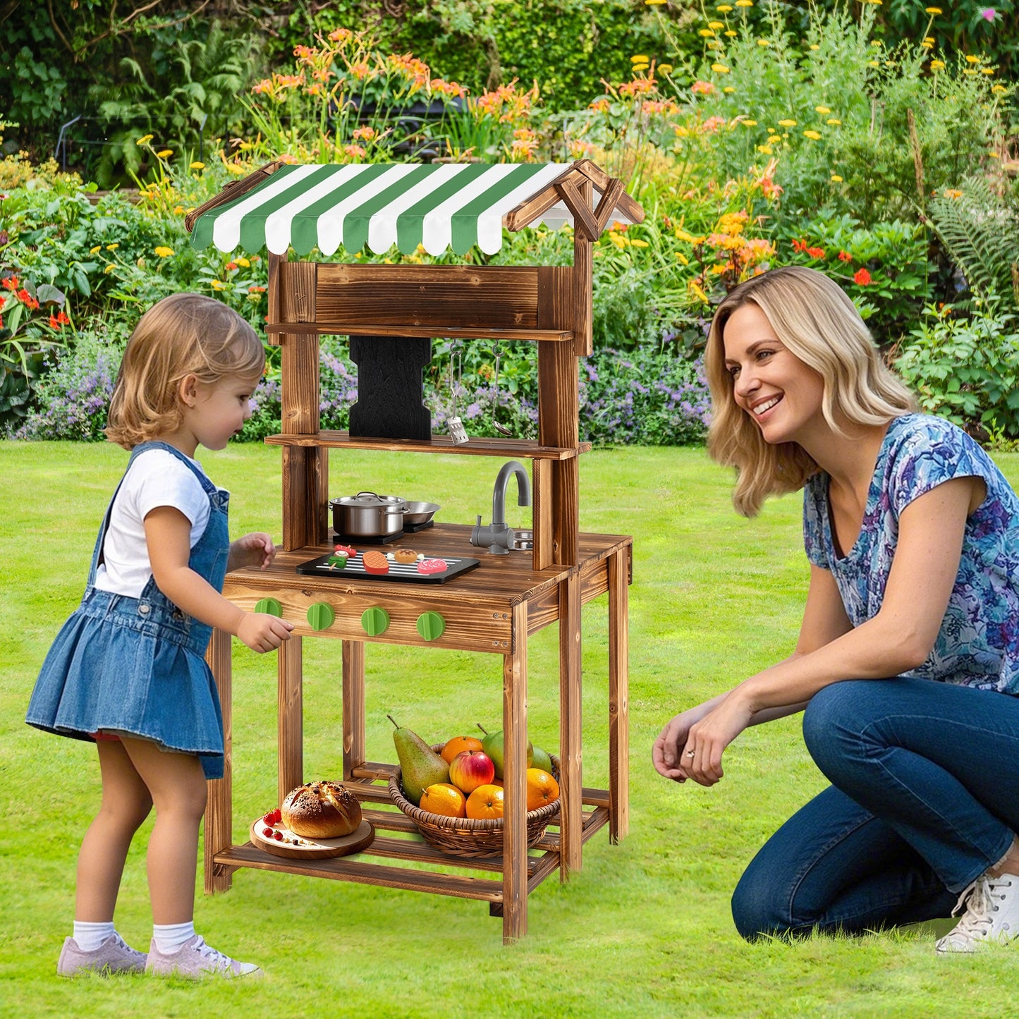 Double-Sided Mud Kitchen with Canopy and Chalkboard for 3+ Years Old-Natural Kids Crystal