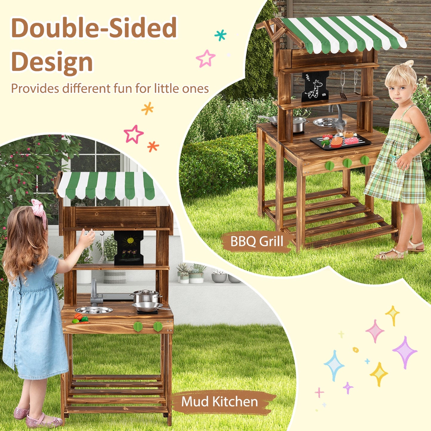 Double-Sided Mud Kitchen with Canopy and Chalkboard for 3+ Years Old-Natural Kids Crystal
