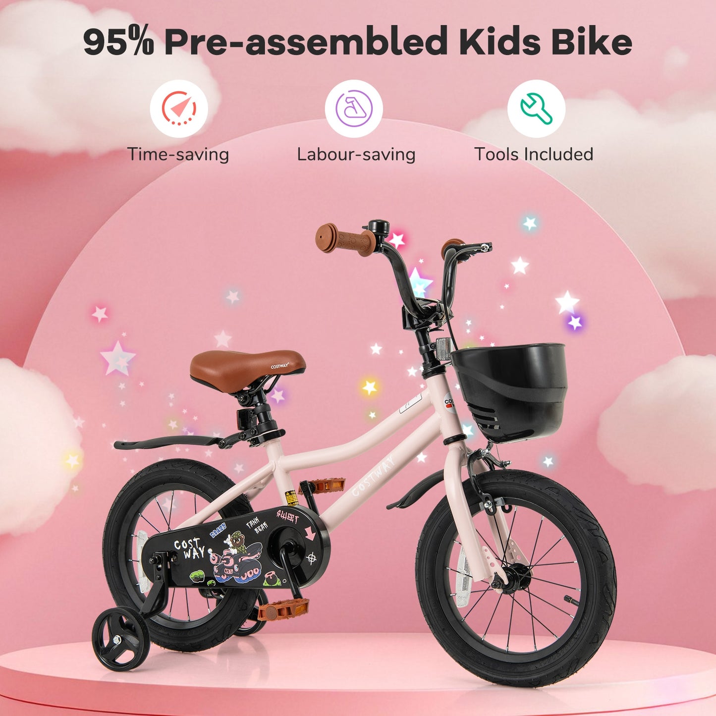 14 Inches Kids Bike with Basket and Adjustable Handlebar for 3-5 Years Old Kids Crystal