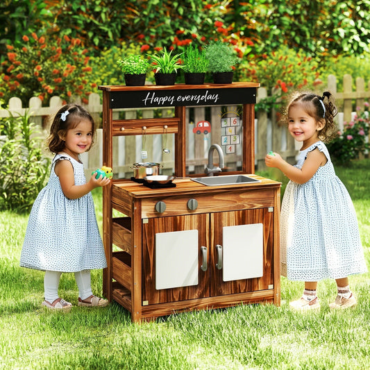 Mud Kitchen Fir Wood Play Kitchen with 4 Panting Pots Faucet Removable Sink-Natural Kids Crystal