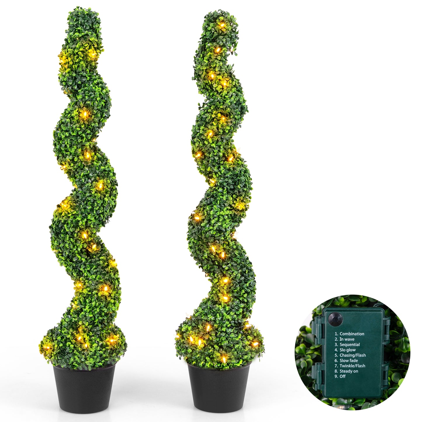 Pre-Lit Artificial Boxwood Spiral Topiary Tree Set of 2 with 100 LED Lights Kids Crystal