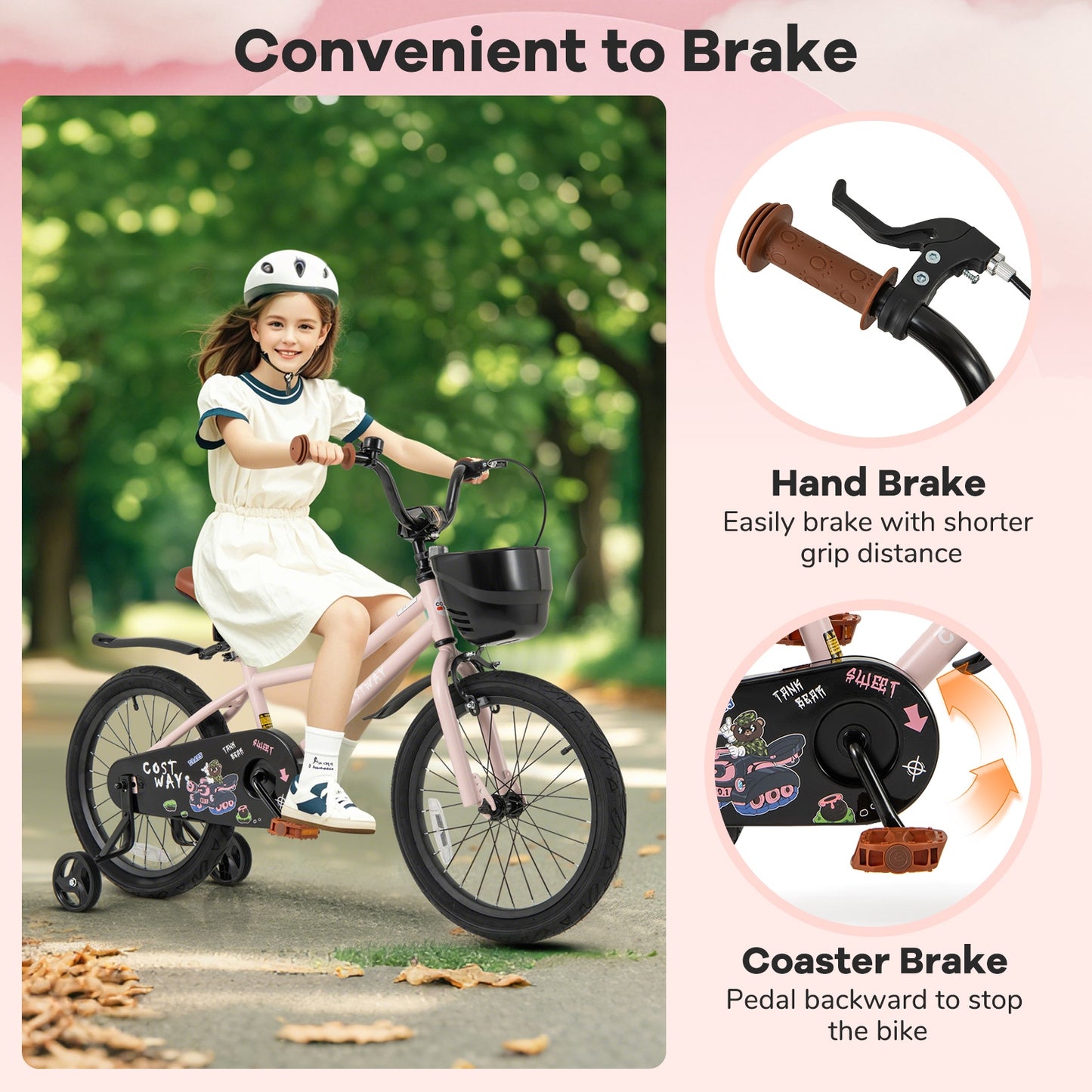 18 Inches Kids Bike with Basket and Adjustable Handlebar for 4-8 Years Old Kids Crystal