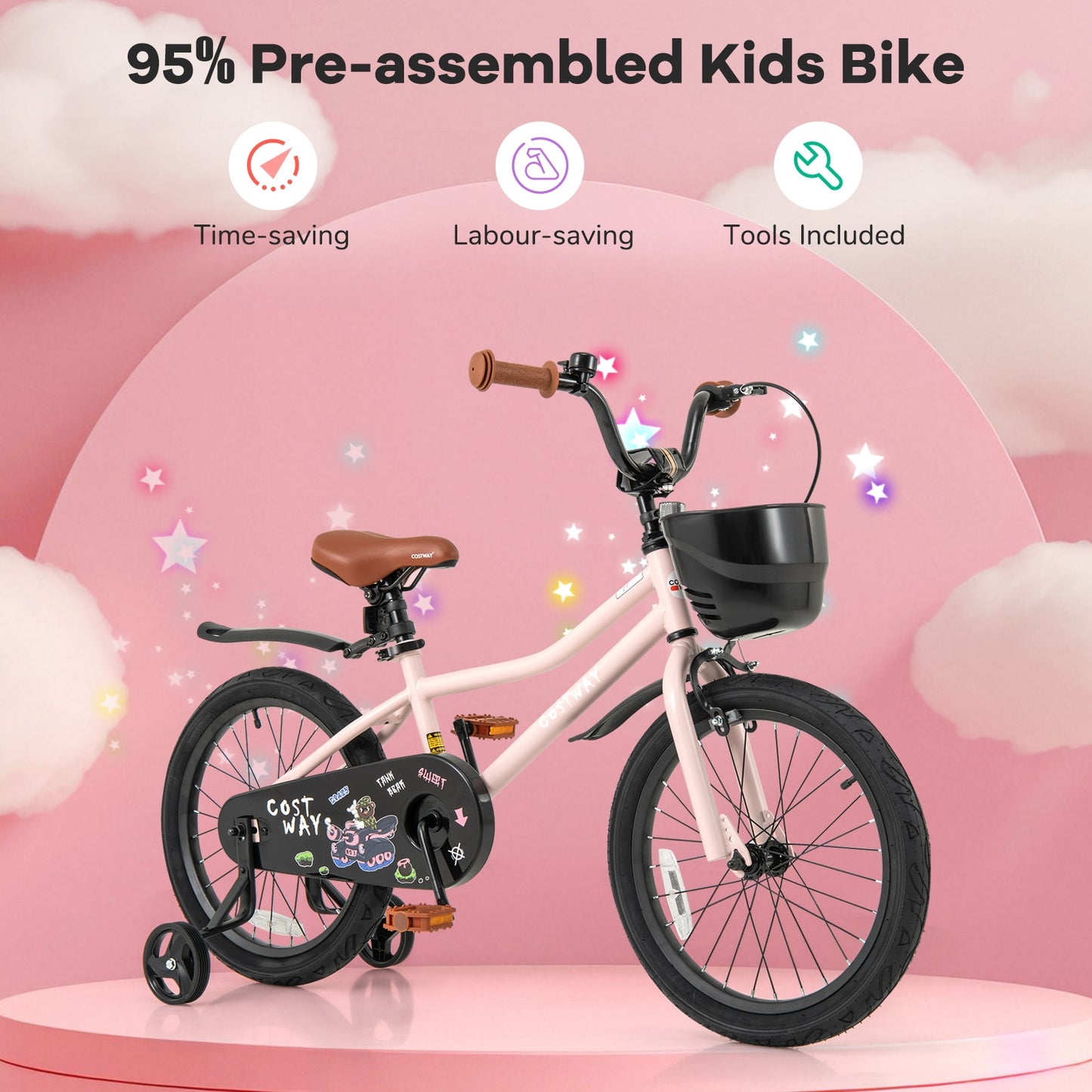 18 Inches Kids Bike with Basket and Adjustable Handlebar for 4-8 Years Old Kids Crystal