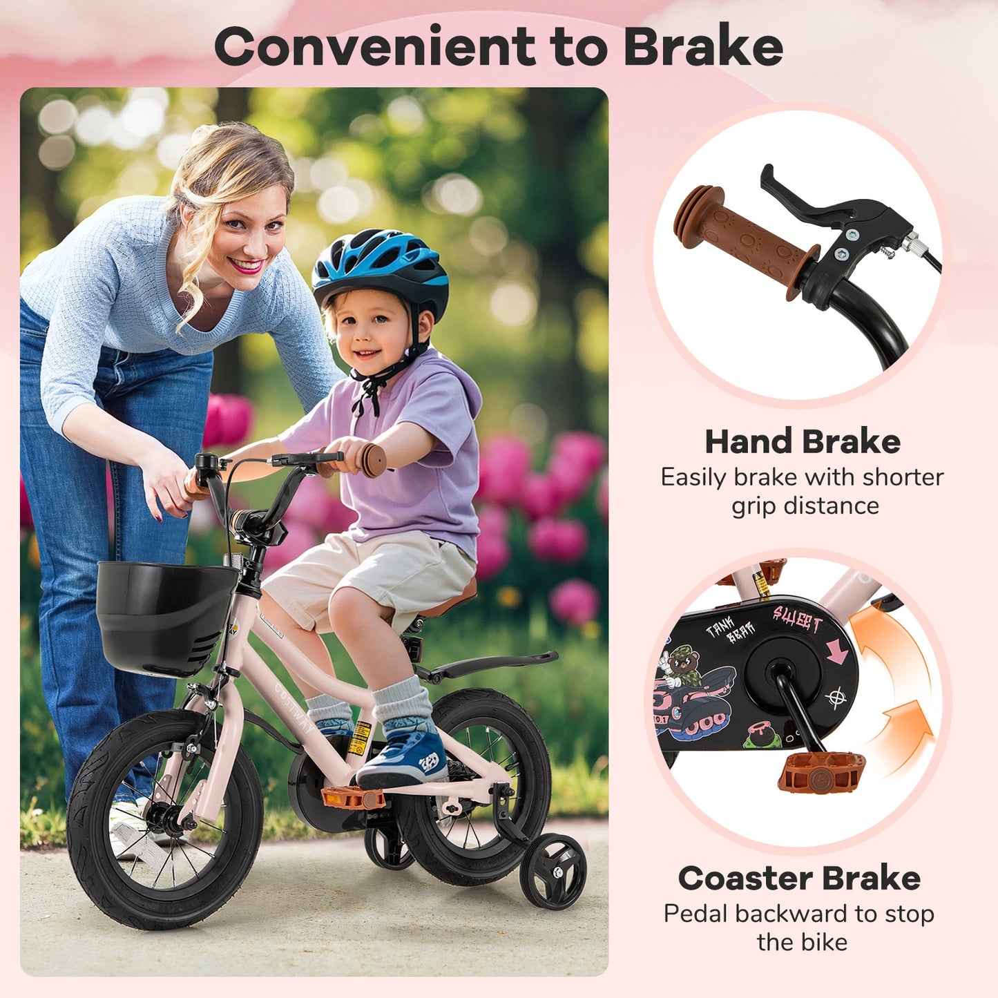 12 Inches Kids Bike with Basket and Adjustable Handlebar for 3-4 Years Old Kids Crystal