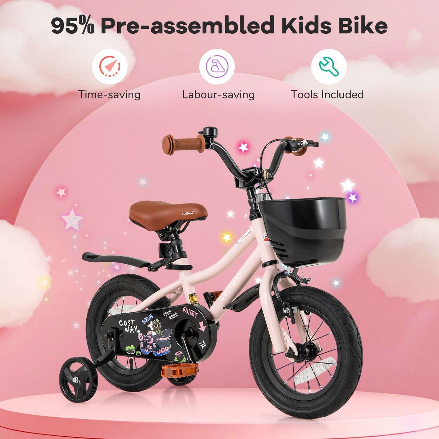 12 Inches Kids Bike with Basket and Adjustable Handlebar for 3-4 Years Old Kids Crystal