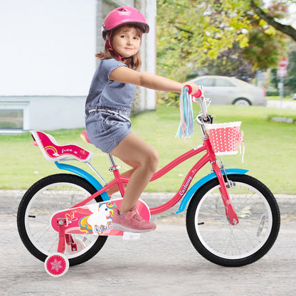 18 Inch Girls Bike for 4-8 Years Old Kids Bike with Doll Seat and Training Wheels
