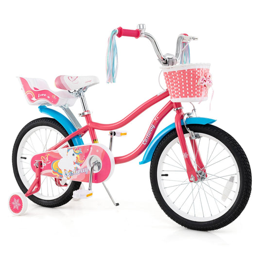 18 Inch Girls Bike for 4-8 Years Old Kids Bike with Doll Seat and Training Wheels Kids Crystal