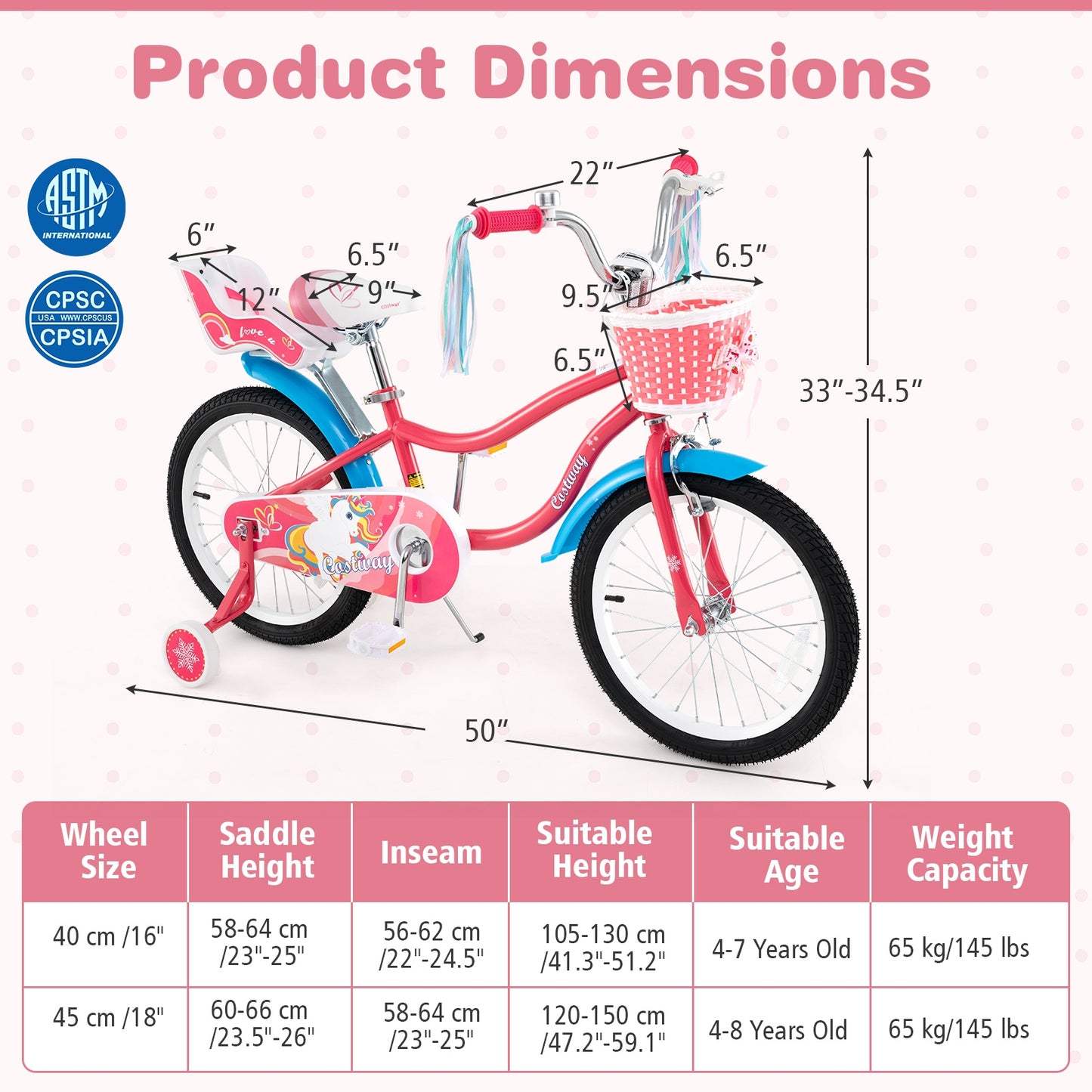 18 Inch Girls Bike for 4-8 Years Old Kids Bike with Doll Seat and Training Wheels Kids Crystal