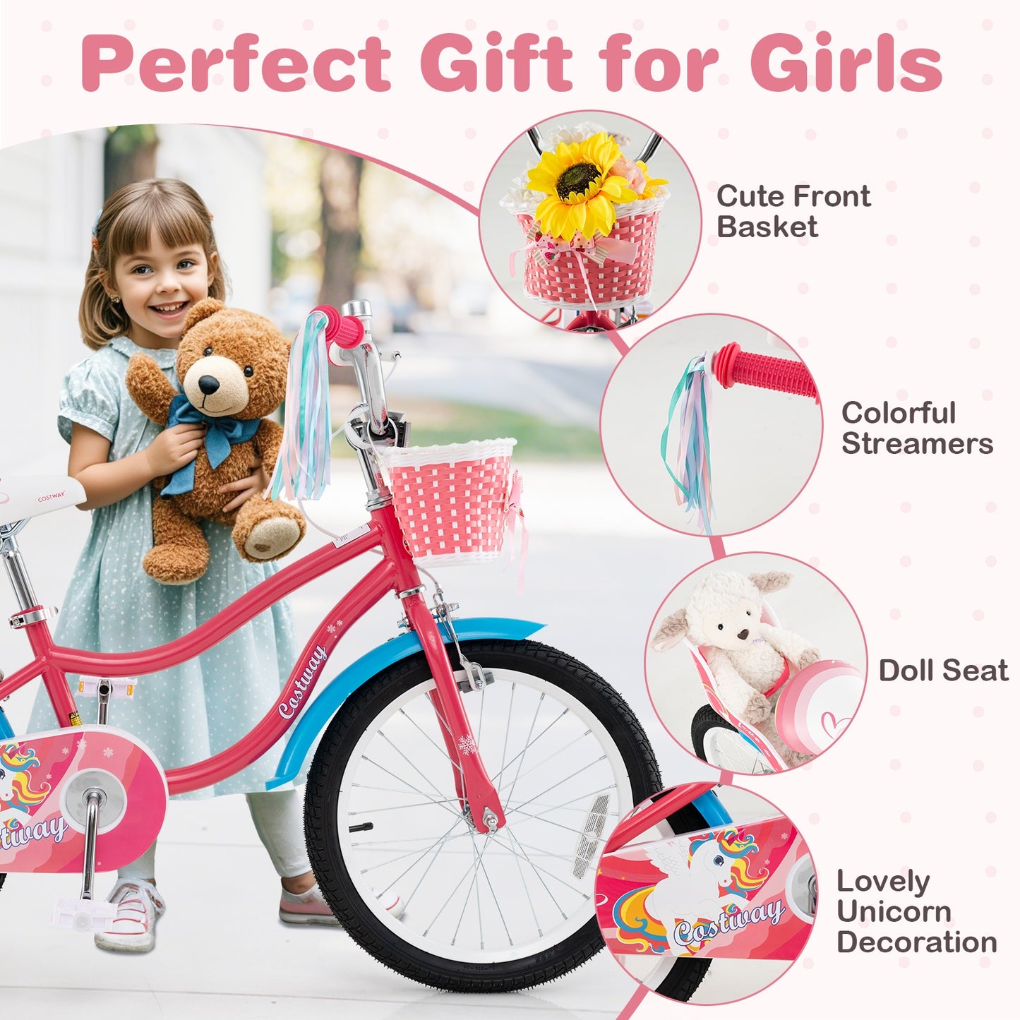 18 Inch Girls Bike for 4-8 Years Old Kids Bike with Doll Seat and Training Wheels Kids Crystal