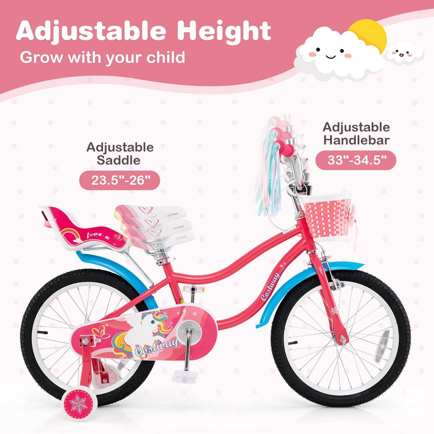 18 Inch Girls Bike for 4-8 Years Old Kids Bike with Doll Seat and Training Wheels Kids Crystal