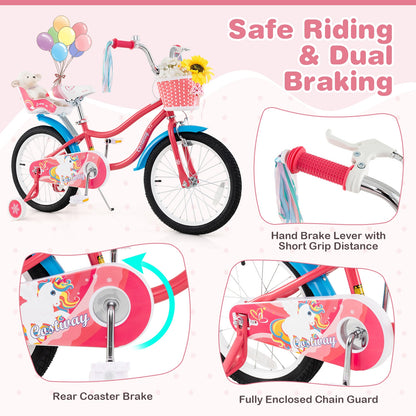 18 Inch Girls Bike for 4-8 Years Old Kids Bike with Doll Seat and Training Wheels