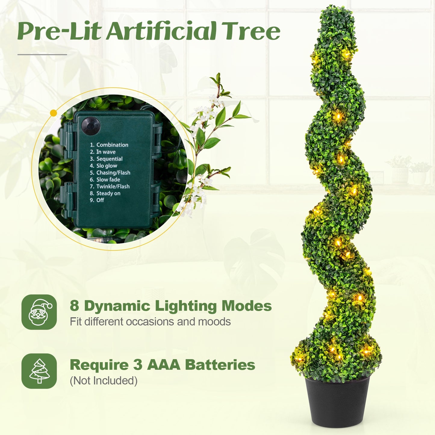 Pre-Lit Artificial Boxwood Spiral Topiary Tree Set of 2 with 100 LED Lights Kids Crystal