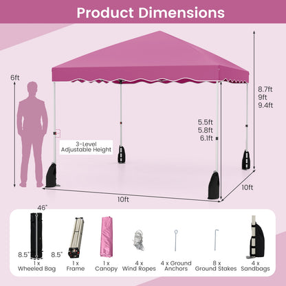 Foldable 10 X 10 Feet Pop up Canopy Tent with Wheeled Bag-Pink