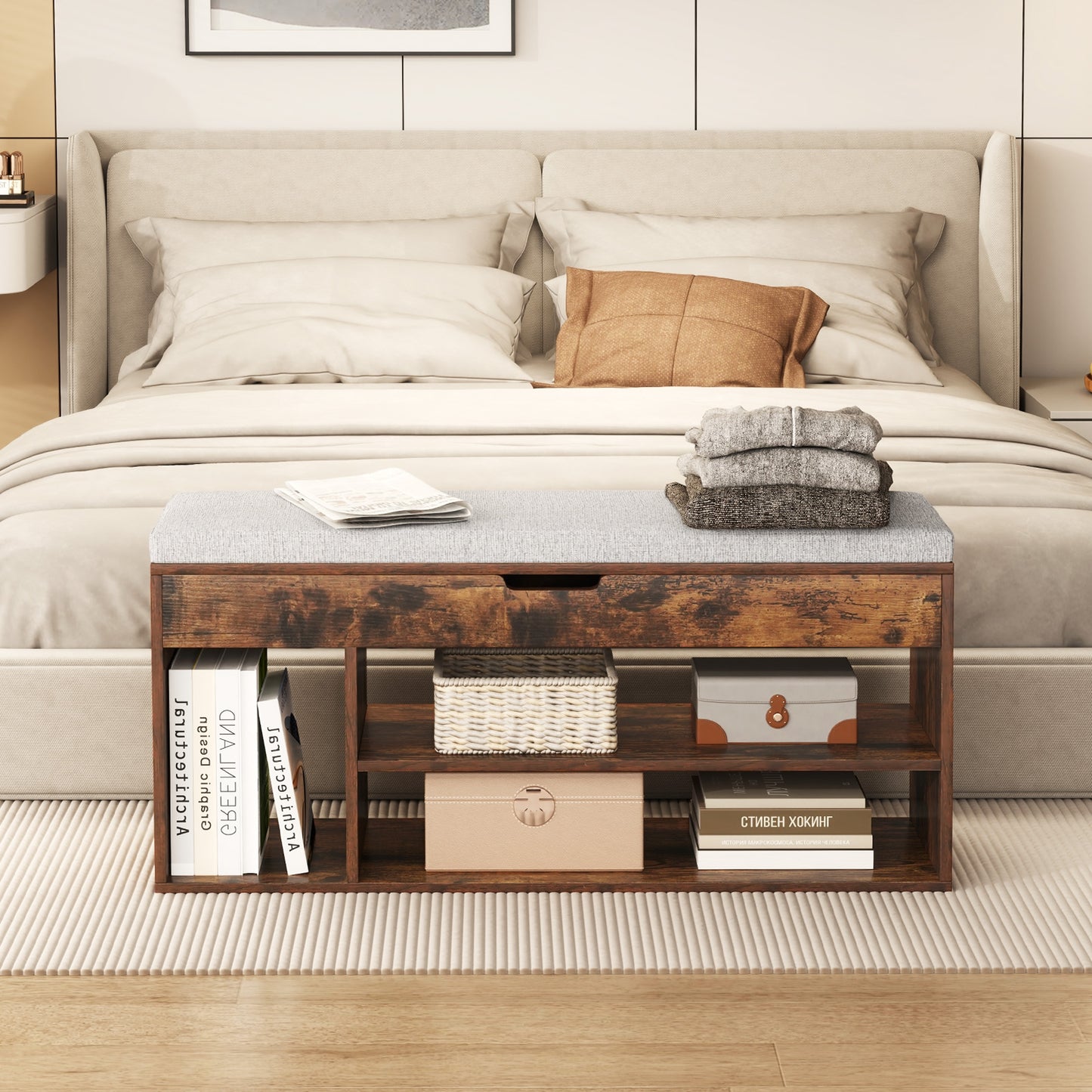 Padded Seat Shoe Bench with Hidden Storage and 3 Open Shelves-Coffee Kids Crystal