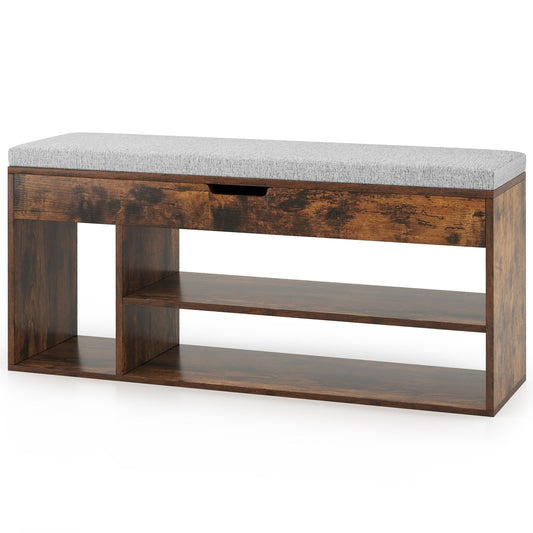 Padded Seat Shoe Bench with Hidden Storage and 3 Open Shelves-Coffee Kids Crystal