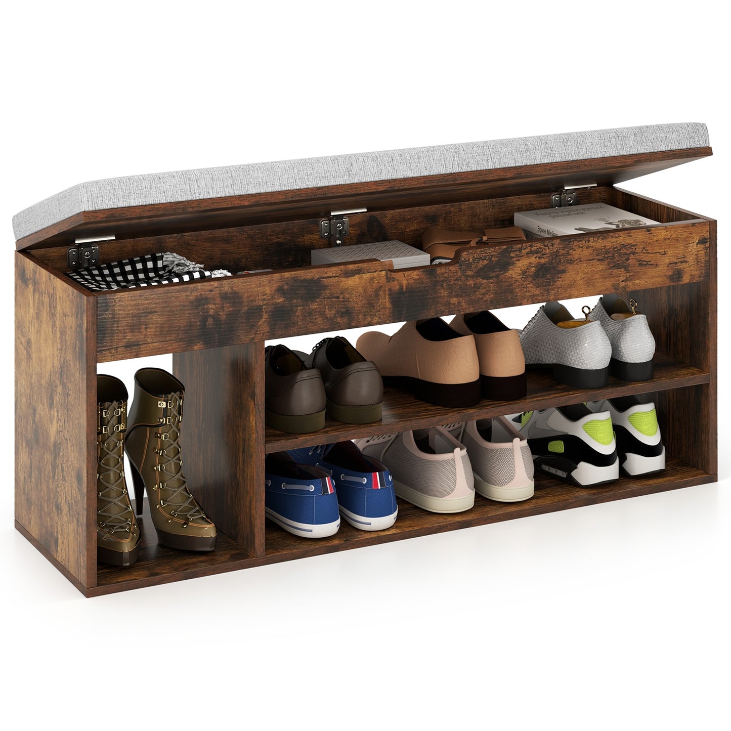 Padded Seat Shoe Bench with Hidden Storage and 3 Open Shelves-Coffee Kids Crystal