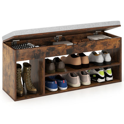 Padded Seat Shoe Bench with Hidden Storage and 3 Open Shelves-Coffee