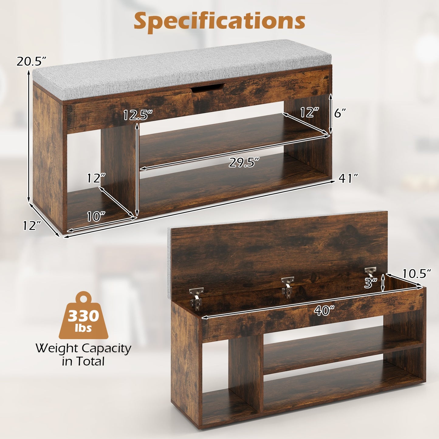Padded Seat Shoe Bench with Hidden Storage and 3 Open Shelves-Coffee Kids Crystal