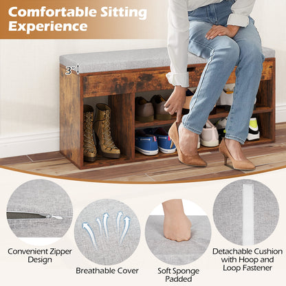 Padded Seat Shoe Bench with Hidden Storage and 3 Open Shelves-Coffee