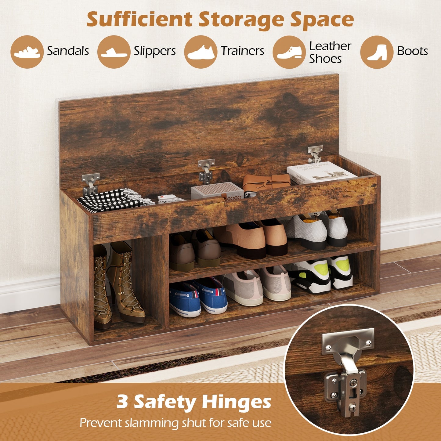 Padded Seat Shoe Bench with Hidden Storage and 3 Open Shelves-Coffee Kids Crystal