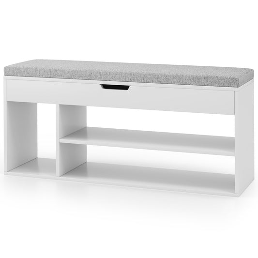 Padded Seat Shoe Bench with Hidden Storage and 3 Open Shelves-White Kids Crystal