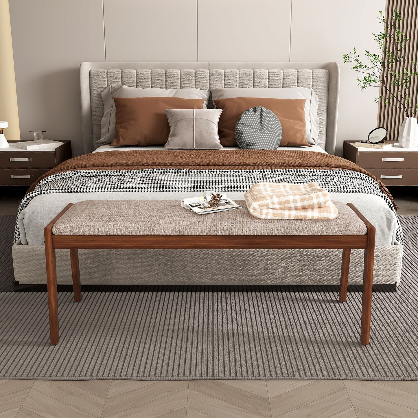 45 Inch Farmhouse Backless Bench with Rubber Wood Legs and Fabric Padded Seat-Beige Kids Crystal