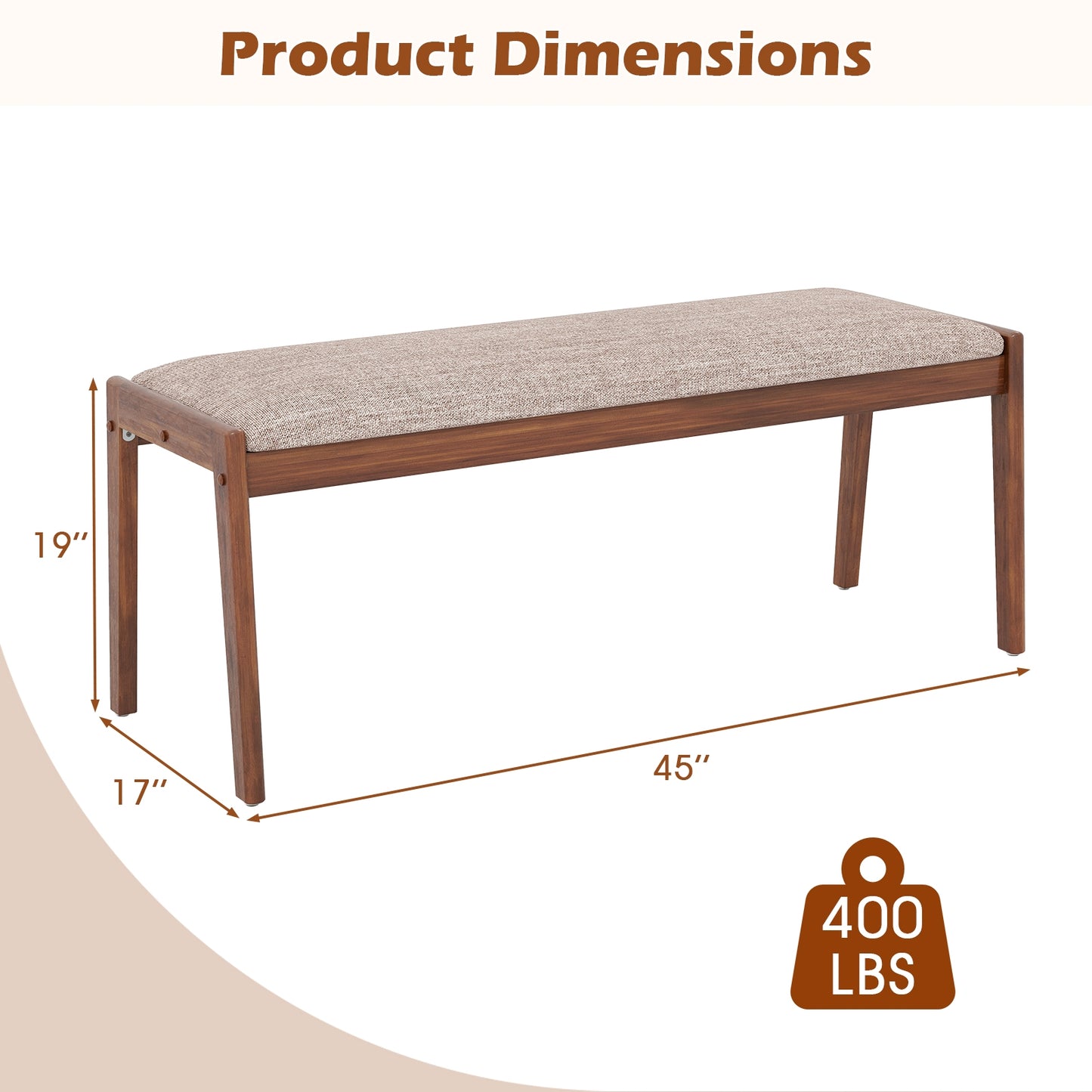 45 Inch Farmhouse Backless Bench with Rubber Wood Legs and Fabric Padded Seat-Beige Kids Crystal