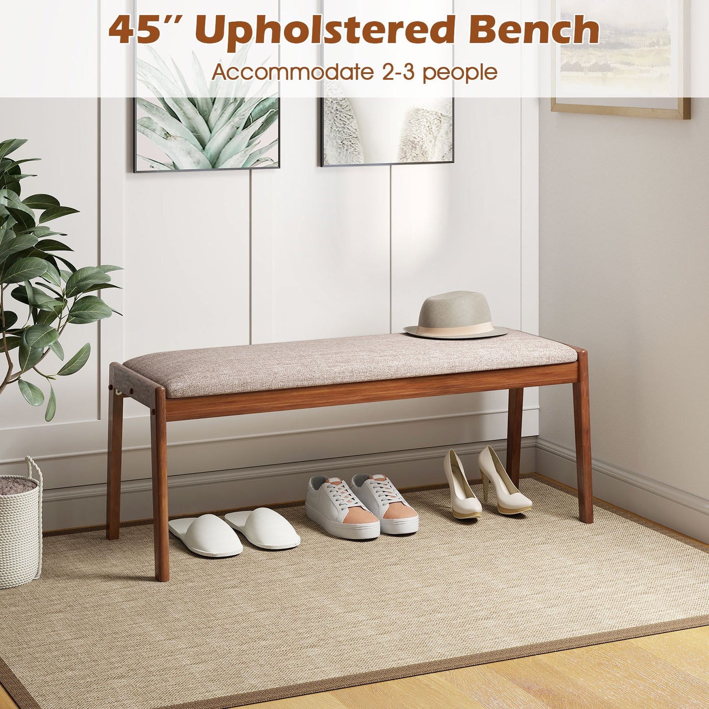 45 Inch Farmhouse Backless Bench with Rubber Wood Legs and Fabric Padded Seat-Beige Kids Crystal